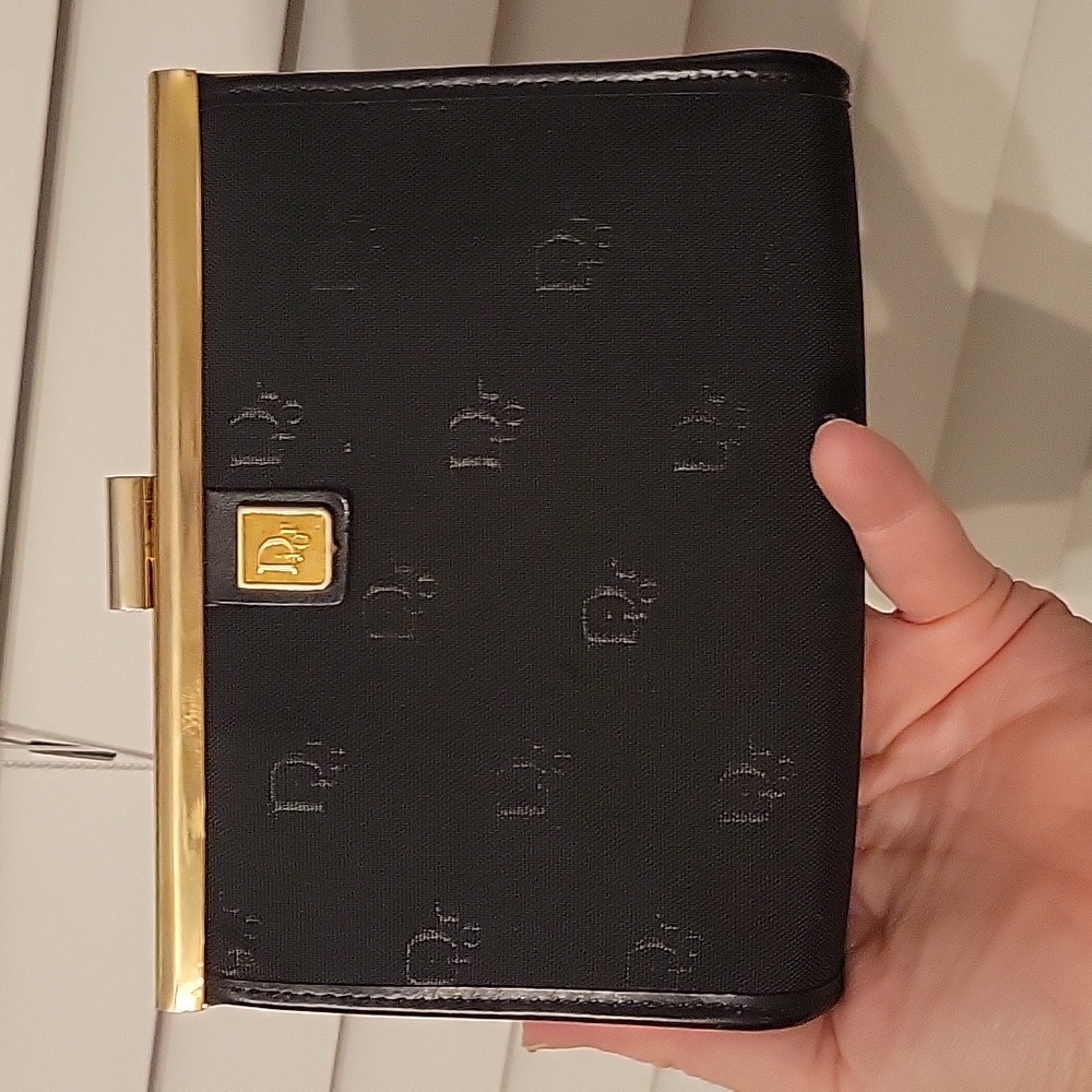 RARE Vintage Dior Trotter Clutch in Black Monogram Logo Gold Frame Purse Handbag